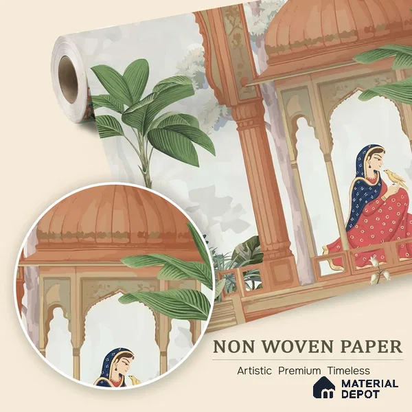 Rajmahal Garden Elegant Haveli Motif | WP 04169 Non Woven Matte Finish Indian Style Premium Customized size Wallpaper | 150 GSM WP01MTF Paper | (MOQ = 30 Sq. Ft.)