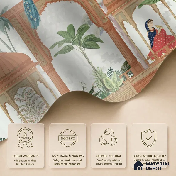 Rajmahal Garden Elegant Haveli Motif | WP 04169 Non Woven Matte Finish Indian Style Premium Customized size Wallpaper | 150 GSM WP01MTF Paper | (MOQ = 30 Sq. Ft.)
