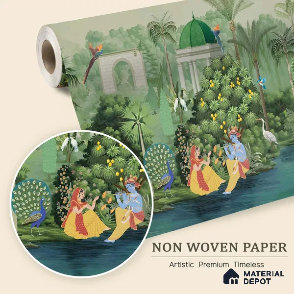 Vrindavan Bagh Elegant Mandala Shawl Print | WP 04170 Non Woven Matte Finish Tropical,Pichwai Style Premium Customized size Wallpaper | 150 GSM WP01MTF Paper | (MOQ = 30 Sq. Ft.) | Design change not possible