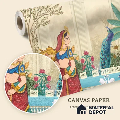 Rajangan - Palace Garden Murals Saffron Print | WP 04172 B Canvas Texture Finish Indian Style luxurious Customized size Wallpaper | 250 GSM WP01CNF Paper | (MOQ = 30 Sq. Ft.) | Design change not possible