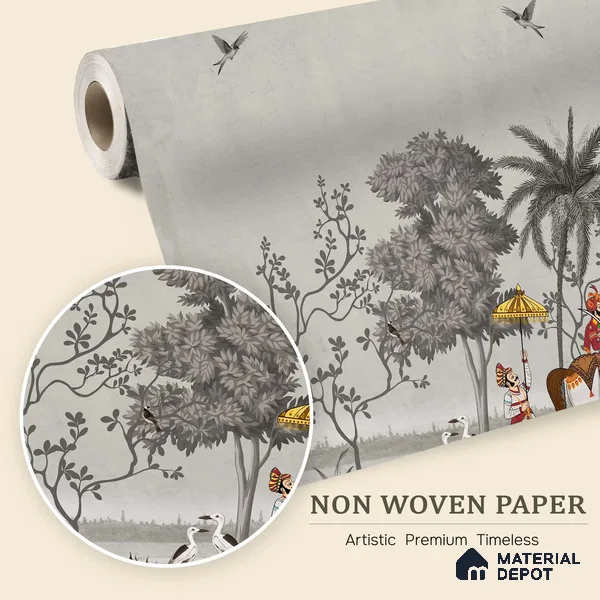 Shahi Yatra Patola Inspired Saffron Art | WP 04173 Non Woven Matte Finish Indian Style Premium Customized size Wallpaper | 150 GSM WP01MTF Paper | (MOQ = 30 Sq. Ft.) | Design change not possible
