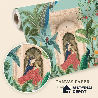 A Moment in the Courtyard Marigold Blossom Batik Design | WP 04174 B Canvas Texture Finish Indian Style luxurious Customized size Wallpaper | 250 GSM WP01CNF Paper | (MOQ = 30 Sq. Ft.)