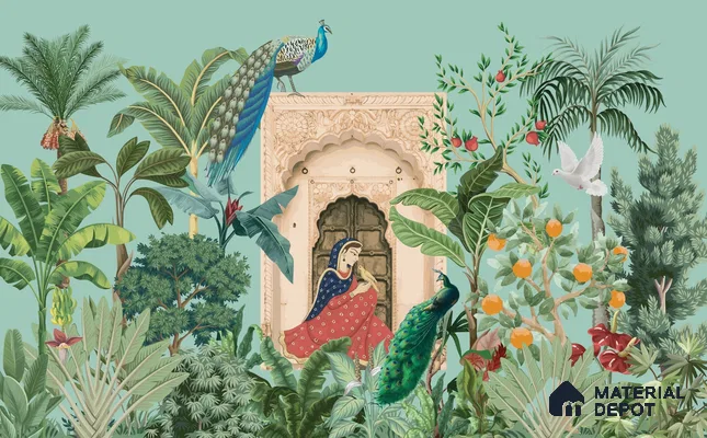 A Moment in the Courtyard Marigold Blossom Batik Design | WP 04174 B Canvas Texture Finish Indian Style luxurious Customized size Wallpaper | 250 GSM WP01CNF Paper | (MOQ = 30 Sq. Ft.)