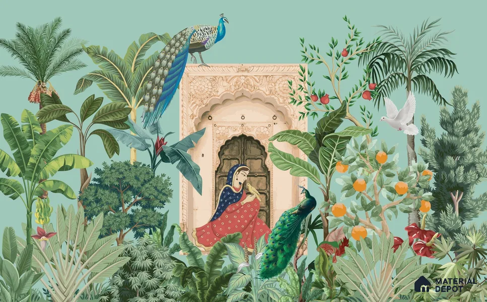 A Moment in the Courtyard Marigold Blossom Batik Design | WP 04174 B Canvas Texture Finish Indian Style luxurious Customized size Wallpaper | 250 GSM WP01CNF Paper | (MOQ = 30 Sq. Ft.)