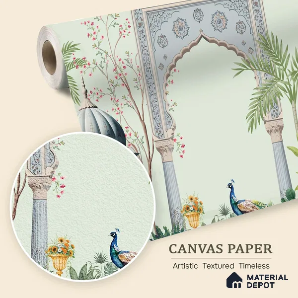 Shahi Dwar Jaipur Blue Poppy Field | WP 04175 B Canvas Texture Finish Indian Style luxurious Customized size Wallpaper | 250 GSM WP01CNF Paper | (MOQ = 30 Sq. Ft.)