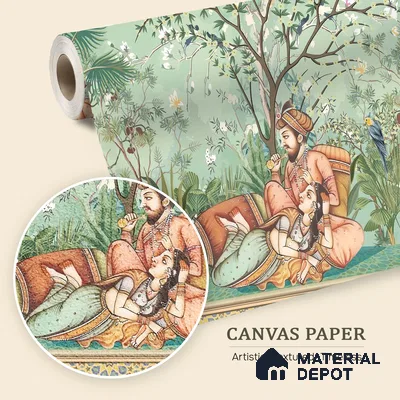 Madhuban Jaipuri Print | WP 04176 B Canvas Texture Finish Indian Style luxurious Customized size Wallpaper | 250 GSM WP01CNF Paper | (MOQ = 30 Sq. Ft.)