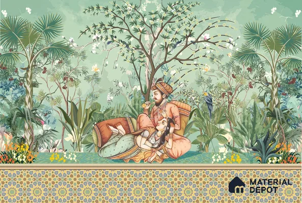 Madhuban Jaipuri Print | WP 04176 B Canvas Texture Finish Indian Style luxurious Customized size Wallpaper | 250 GSM WP01CNF Paper | (MOQ = 30 Sq. Ft.)