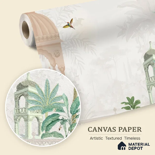 Quiet Courtyard Amber Rajput Leaf Fresco | WP 04177 B Canvas Texture Finish Indian Style luxurious Customized size Wallpaper | 250 GSM WP01CNF Paper | (MOQ = 30 Sq. Ft.) | Design change not possible