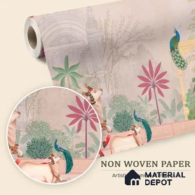 Pichwai Courtyard Life Ornamental Blossom Frame | WP 04178 Non Woven Matte Finish Tropical,Pichwai Style Premium Customized size Wallpaper | 150 GSM WP01MTF Paper | (MOQ = 30 Sq. Ft.) | Design change not possible