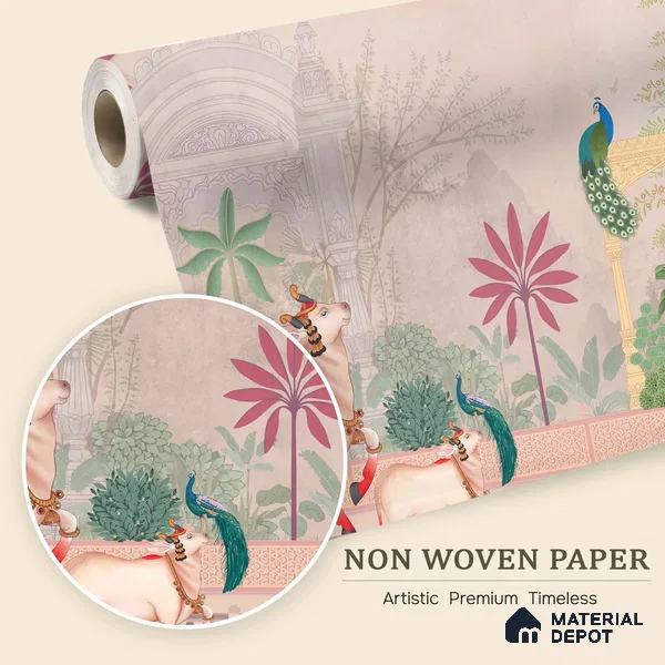 Pichwai Courtyard Life Ornamental Blossom Frame | WP 04178 Non Woven Matte Finish Tropical,Pichwai Style Premium Customized size Wallpaper | 150 GSM WP01MTF Paper | (MOQ = 30 Sq. Ft.) | Design change not possible