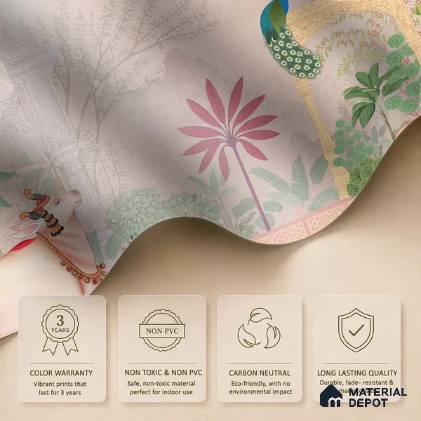 Pichwai Courtyard Life Ornamental Blossom Frame | WP 04178 Non Woven Matte Finish Tropical,Pichwai Style Premium Customized size Wallpaper | 150 GSM WP01MTF Paper | (MOQ = 30 Sq. Ft.) | Design change not possible