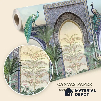 Peacock Arch Pichwai Design | WP 04179 B Canvas Texture Finish Indian Style luxurious Customized size Wallpaper | 250 GSM WP01CNF Paper | (MOQ = 30 Sq. Ft.)