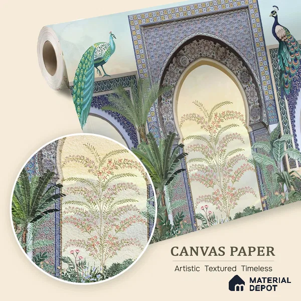 Peacock Arch Pichwai Design | WP 04179 B Canvas Texture Finish Indian Style luxurious Customized size Wallpaper | 250 GSM WP01CNF Paper | (MOQ = 30 Sq. Ft.)