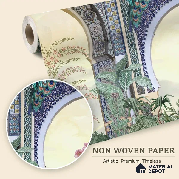 Peacock Arch Pichwai Design | WP 04179 Non Woven Matte Finish Indian Style Premium Customized size Wallpaper | 150 GSM WP01MTF Paper | (MOQ = 30 Sq. Ft.)