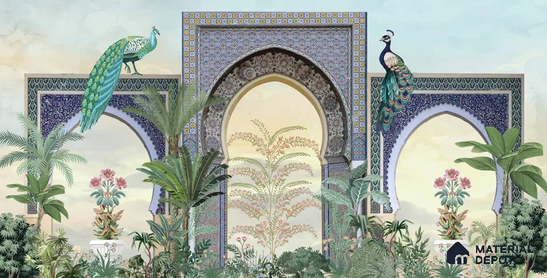 Peacock Arch Pichwai Design | WP 04179 Non Woven Matte Finish Indian Style Premium Customized size Wallpaper | 150 GSM WP01MTF Paper | (MOQ = 30 Sq. Ft.)