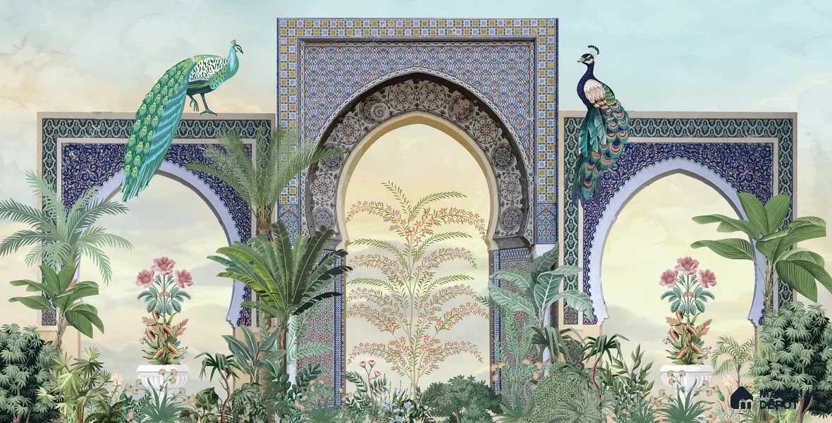 Peacock Arch Pichwai Design | WP 04179 Non Woven Matte Finish Indian Style Premium Customized size Wallpaper | 150 GSM WP01MTF Paper | (MOQ = 30 Sq. Ft.)