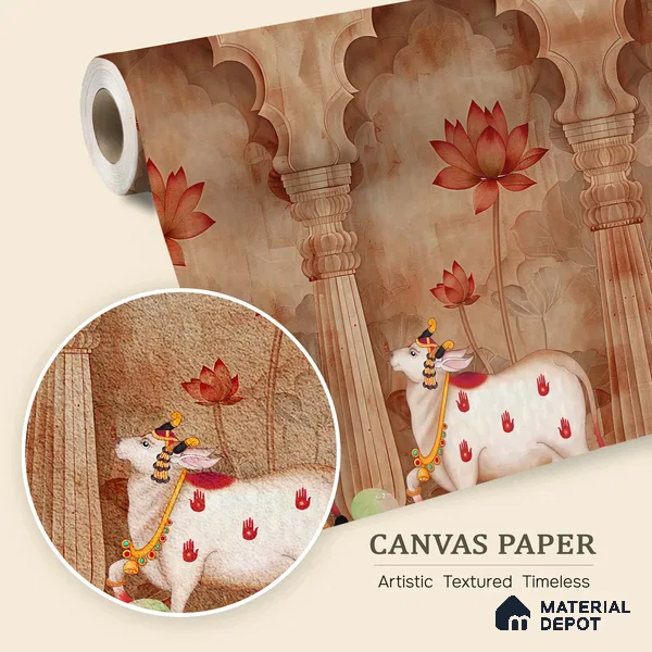 Jharokha Cow Pichwai Rustic Wildflower Pattern | WP 04181 B Canvas Texture Finish Animal Print,Pichwai Style luxurious Customized size Wallpaper | 250 GSM WP01CNF Paper | (MOQ = 30 Sq. Ft.) | Design change not possible