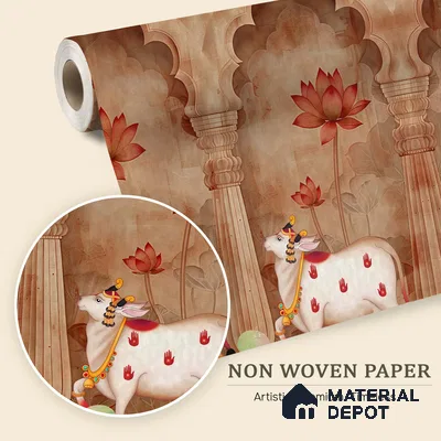 Jharokha Cow Pichwai Rustic Wildflower Pattern | WP 04181 Non Woven Matte Finish Animal Print,Pichwai Style Premium Customized size Wallpaper | 150 GSM WP01MTF Paper | (MOQ = 30 Sq. Ft.) | Design change not possible