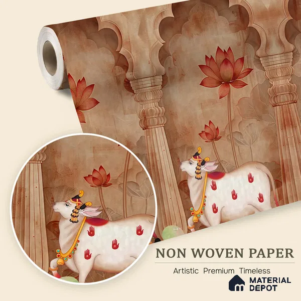 Jharokha Cow Pichwai Rustic Wildflower Pattern | WP 04181 Non Woven Matte Finish Animal Print,Pichwai Style Premium Customized size Wallpaper | 150 GSM WP01MTF Paper | (MOQ = 30 Sq. Ft.) | Design change not possible