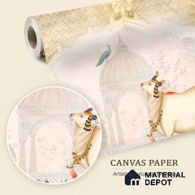 Ivory Garden Gau Pichwai Chikankari Flower Stencil | WP 04182 B Canvas Texture Finish Animal Print,Pichwai Style luxurious Customized size Wallpaper | 250 GSM WP01CNF Paper | (MOQ = 30 Sq. Ft.) | Design change not possible