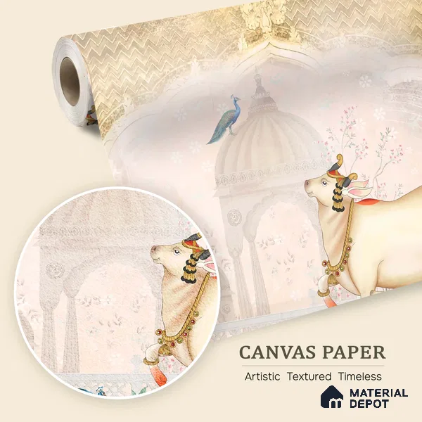 Ivory Garden Gau Pichwai Chikankari Flower Stencil | WP 04182 B Canvas Texture Finish Animal Print,Pichwai Style luxurious Customized size Wallpaper | 250 GSM WP01CNF Paper | (MOQ = 30 Sq. Ft.) | Design change not possible