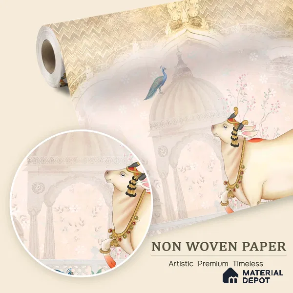 Ivory Garden Gau Pichwai Chikankari Flower Stencil | WP 04182 Non Woven Matte Finish Animal Print,Pichwai Style Premium Customized size Wallpaper | 150 GSM WP01MTF Paper | (MOQ = 30 Sq. Ft.) | Design change not possible