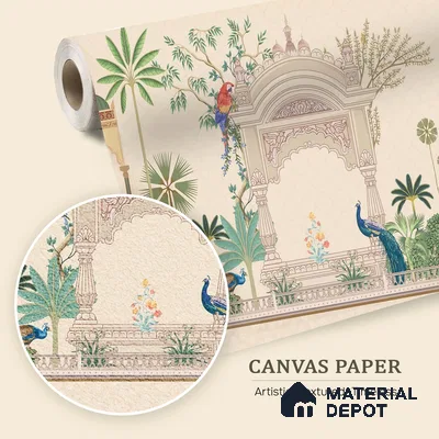 Azure Peacock Garden Antique Gul Mohar Trail | WP 04184 B Canvas Texture Finish Indian Style luxurious Customized size Wallpaper | 250 GSM WP01CNF Paper | (MOQ = 30 Sq. Ft.)