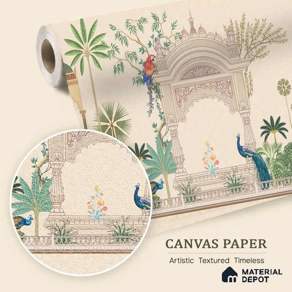 Azure Peacock Garden Antique Gul Mohar Trail | WP 04184 B Canvas Texture Finish Indian Style luxurious Customized size Wallpaper | 250 GSM WP01CNF Paper | (MOQ = 30 Sq. Ft.)