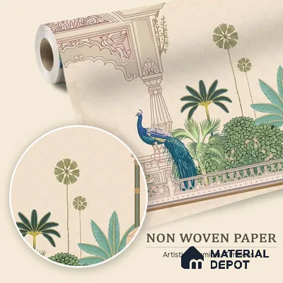 Azure Peacock Garden Antique Gul Mohar Trail | WP 04184 Non Woven Matte Finish Indian Style Premium Customized size Wallpaper | 150 GSM WP01MTF Paper | (MOQ = 30 Sq. Ft.)