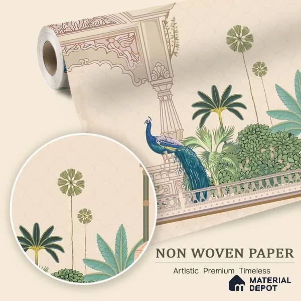 Azure Peacock Garden Antique Gul Mohar Trail | WP 04184 Non Woven Matte Finish Indian Style Premium Customized size Wallpaper | 150 GSM WP01MTF Paper | (MOQ = 30 Sq. Ft.)