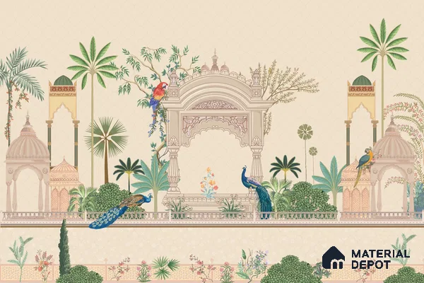 Azure Peacock Garden Antique Gul Mohar Trail | WP 04184 B Canvas Texture Finish Indian Style luxurious Customized size Wallpaper | 250 GSM WP01CNF Paper | (MOQ = 30 Sq. Ft.)