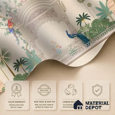 Azure Peacock Garden Antique Gul Mohar Trail | WP 04184 Non Woven Matte Finish Indian Style Premium Customized size Wallpaper | 150 GSM WP01MTF Paper | (MOQ = 30 Sq. Ft.)