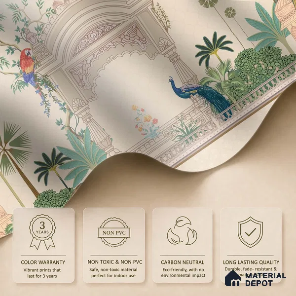Azure Peacock Garden Antique Gul Mohar Trail | WP 04184 Non Woven Matte Finish Indian Style Premium Customized size Wallpaper | 150 GSM WP01MTF Paper | (MOQ = 30 Sq. Ft.)