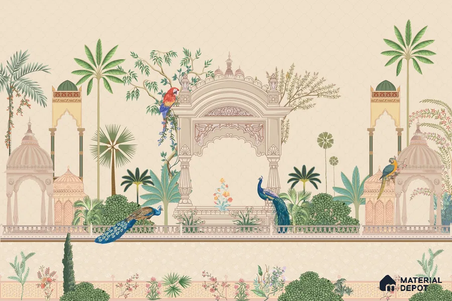 Azure Peacock Garden Antique Gul Mohar Trail | WP 04184 Non Woven Matte Finish Indian Style Premium Customized size Wallpaper | 150 GSM WP01MTF Paper | (MOQ = 30 Sq. Ft.)