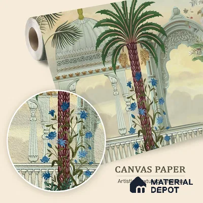 Garden of Palms Motif Art | WP 04185 B Canvas Texture Finish Indian Style luxurious Customized size Wallpaper | 250 GSM WP01CNF Paper | (MOQ = 30 Sq. Ft.)