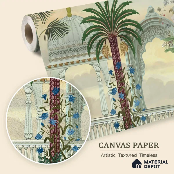 Garden of Palms Motif Art | WP 04185 B Canvas Texture Finish Indian Style luxurious Customized size Wallpaper | 250 GSM WP01CNF Paper | (MOQ = 30 Sq. Ft.)