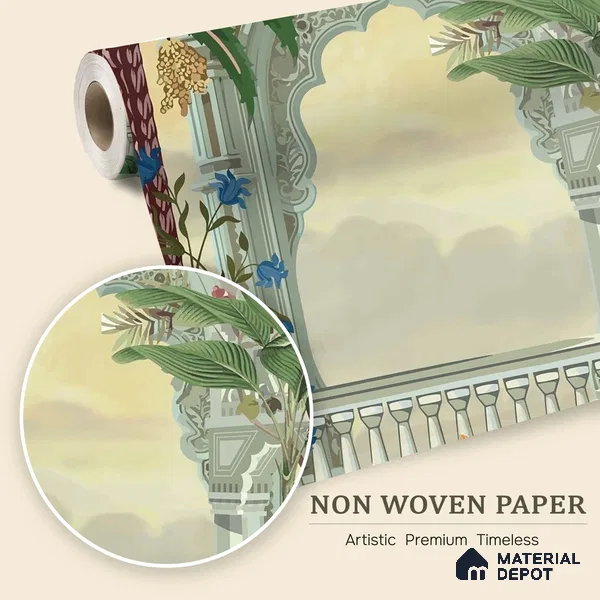Garden of Palms Motif Art | WP 04185 Non Woven Matte Finish Indian Style Premium Customized size Wallpaper | 150 GSM WP01MTF Paper | (MOQ = 30 Sq. Ft.)