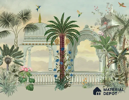 Garden of Palms Motif Art | WP 04185 B Canvas Texture Finish Indian Style luxurious Customized size Wallpaper | 250 GSM WP01CNF Paper | (MOQ = 30 Sq. Ft.)
