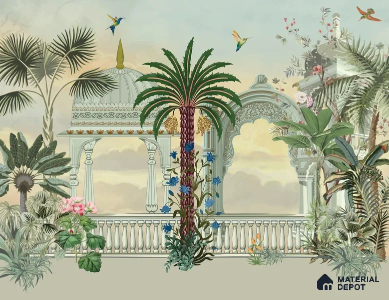 Garden of Palms Motif Art | WP 04185 B Canvas Texture Finish Indian Style luxurious Customized size Wallpaper | 250 GSM WP01CNF Paper | (MOQ = 30 Sq. Ft.)
