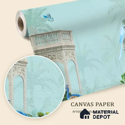 Peacock in the Palm Garden Leaf Tapestry | WP 04186 B Canvas Texture Finish Indian Style luxurious Customized size Wallpaper | 250 GSM WP01CNF Paper | (MOQ = 30 Sq. Ft.)