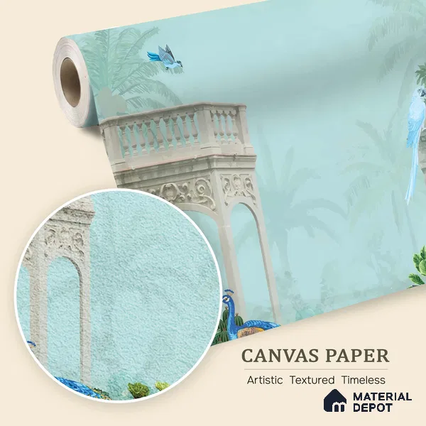 Peacock in the Palm Garden Leaf Tapestry | WP 04186 B Canvas Texture Finish Indian Style luxurious Customized size Wallpaper | 250 GSM WP01CNF Paper | (MOQ = 30 Sq. Ft.)
