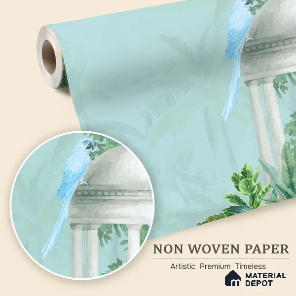Peacock in the Palm Garden Leaf Tapestry | WP 04186 Non Woven Matte Finish Indian Style Premium Customized size Wallpaper | 150 GSM WP01MTF Paper | (MOQ = 30 Sq. Ft.)