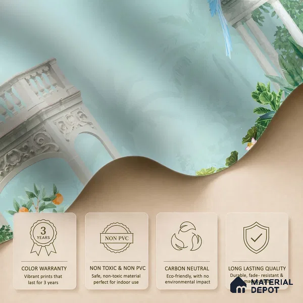 Peacock in the Palm Garden Leaf Tapestry | WP 04186 Non Woven Matte Finish Indian Style Premium Customized size Wallpaper | 150 GSM WP01MTF Paper | (MOQ = 30 Sq. Ft.)