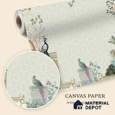 Peacocks of the Royal Garden Pattern | WP 04187 B Canvas Texture Finish Indian Style luxurious Customized size Wallpaper | 250 GSM WP01CNF Paper | (MOQ = 30 Sq. Ft.)