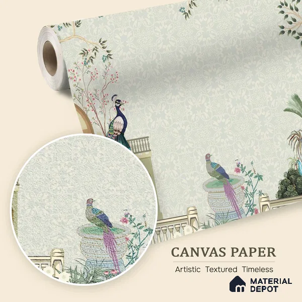 Peacocks of the Royal Garden Pattern | WP 04187 B Canvas Texture Finish Indian Style luxurious Customized size Wallpaper | 250 GSM WP01CNF Paper | (MOQ = 30 Sq. Ft.)
