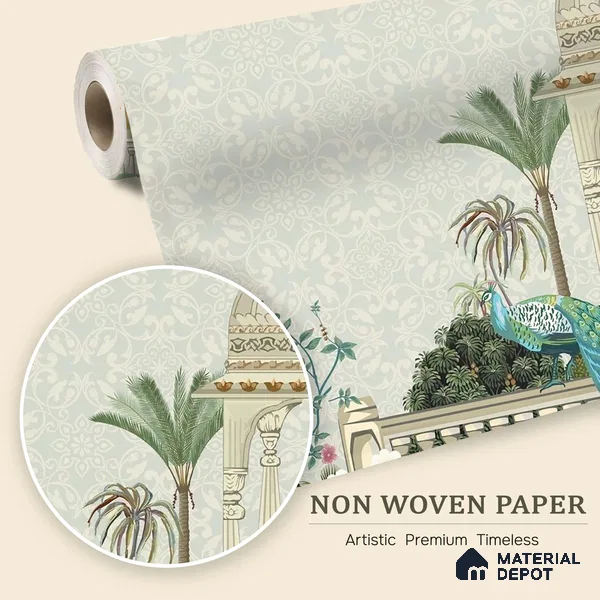 Peacocks of the Royal Garden Pattern | WP 04187 Non Woven Matte Finish Indian Style Premium Customized size Wallpaper | 150 GSM WP01MTF Paper | (MOQ = 30 Sq. Ft.)
