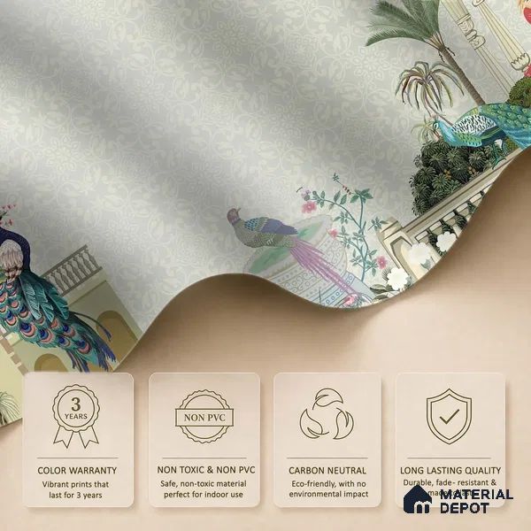 Peacocks of the Royal Garden Pattern | WP 04187 B Canvas Texture Finish Indian Style luxurious Customized size Wallpaper | 250 GSM WP01CNF Paper | (MOQ = 30 Sq. Ft.)
