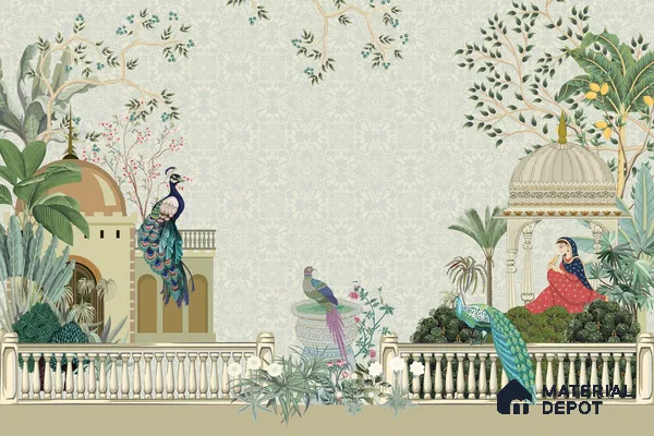 Peacocks of the Royal Garden Pattern | WP 04187 Non Woven Matte Finish Indian Style Premium Customized size Wallpaper | 150 GSM WP01MTF Paper | (MOQ = 30 Sq. Ft.)