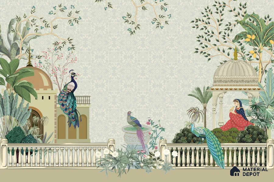 Peacocks of the Royal Garden Pattern | WP 04187 Non Woven Matte Finish Indian Style Premium Customized size Wallpaper | 150 GSM WP01MTF Paper | (MOQ = 30 Sq. Ft.)