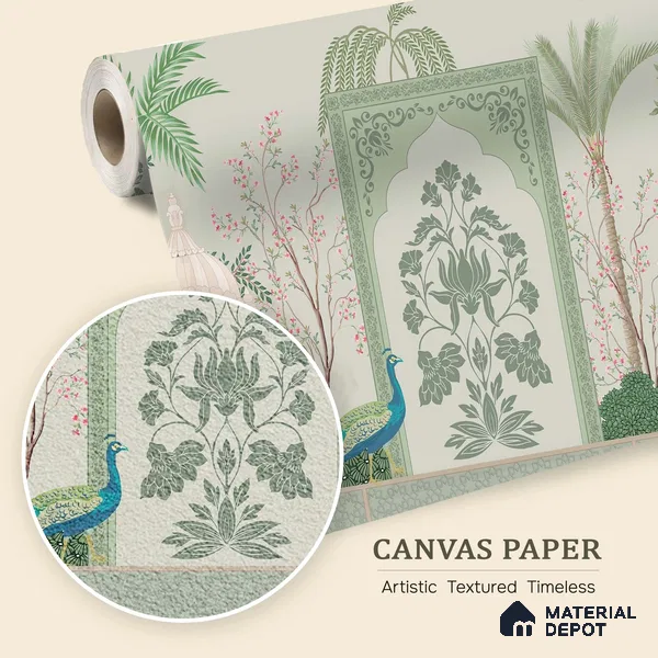 Ornamental Courtyard Pichwai | WP 04188 B Canvas Texture Finish Indian Style luxurious Customized size Wallpaper | 250 GSM WP01CNF Paper | (MOQ = 30 Sq. Ft.)